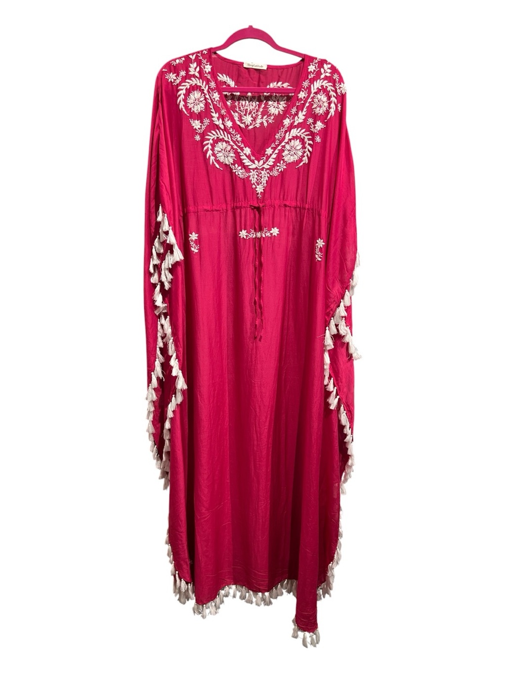 Boho Embroidered Fuchsia Maxi Dress with Tassel Trim by Shop Latitude